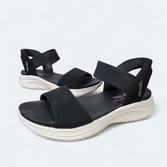 Skechers Slip-ins Sandals Women's Easy Entry Comfy Black and White - Picture 1 of 11